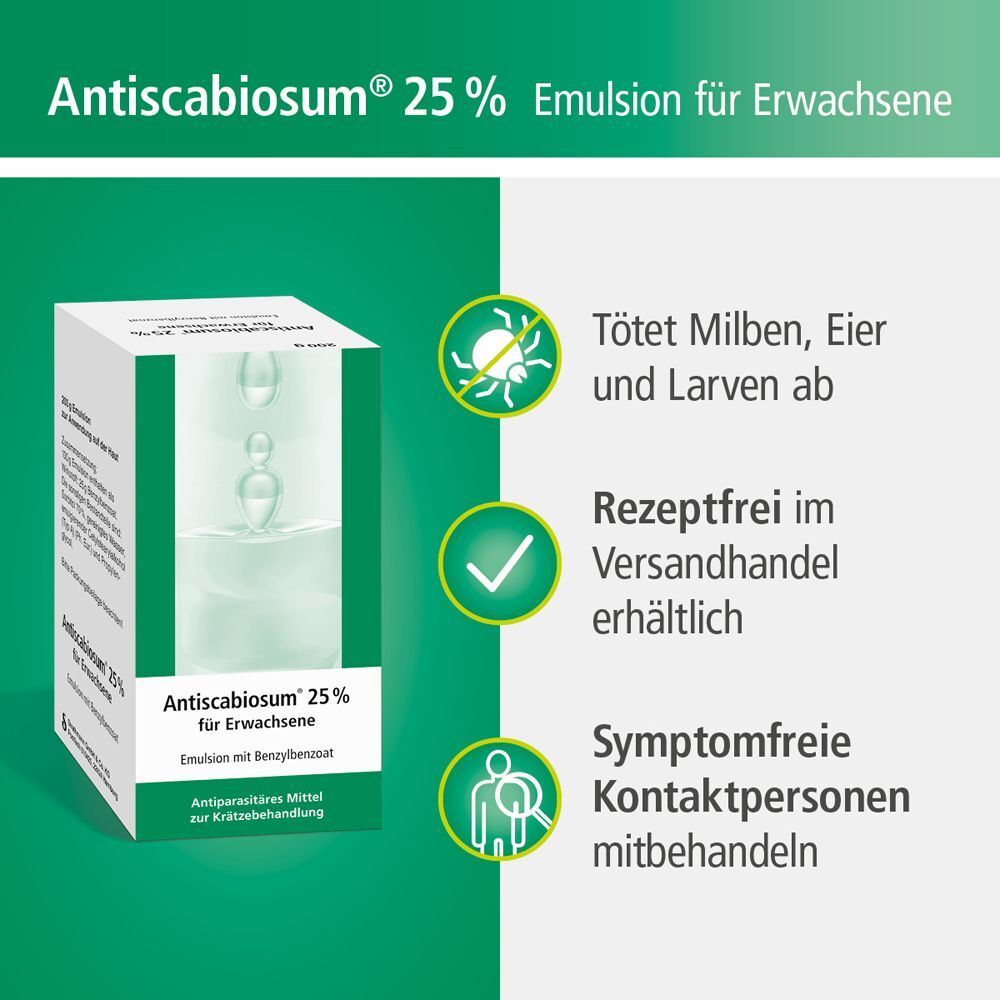 Antiscabiosum® 25 % Emulsion: tötet Milben, Eier und Larven ab.