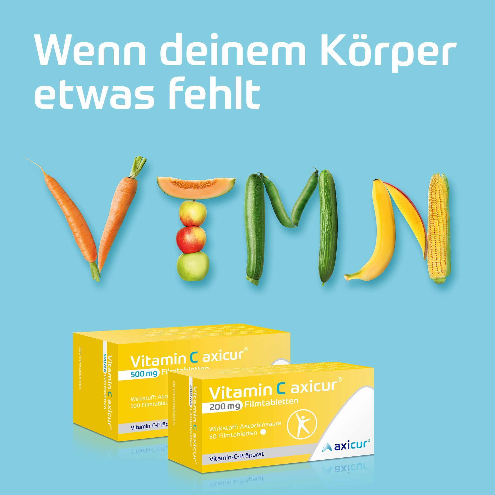 Packungen Vitamin C axicur® 500 mg und 200 mg neben Früchten und Gemüse, die das Wort VITAMIN bilden.