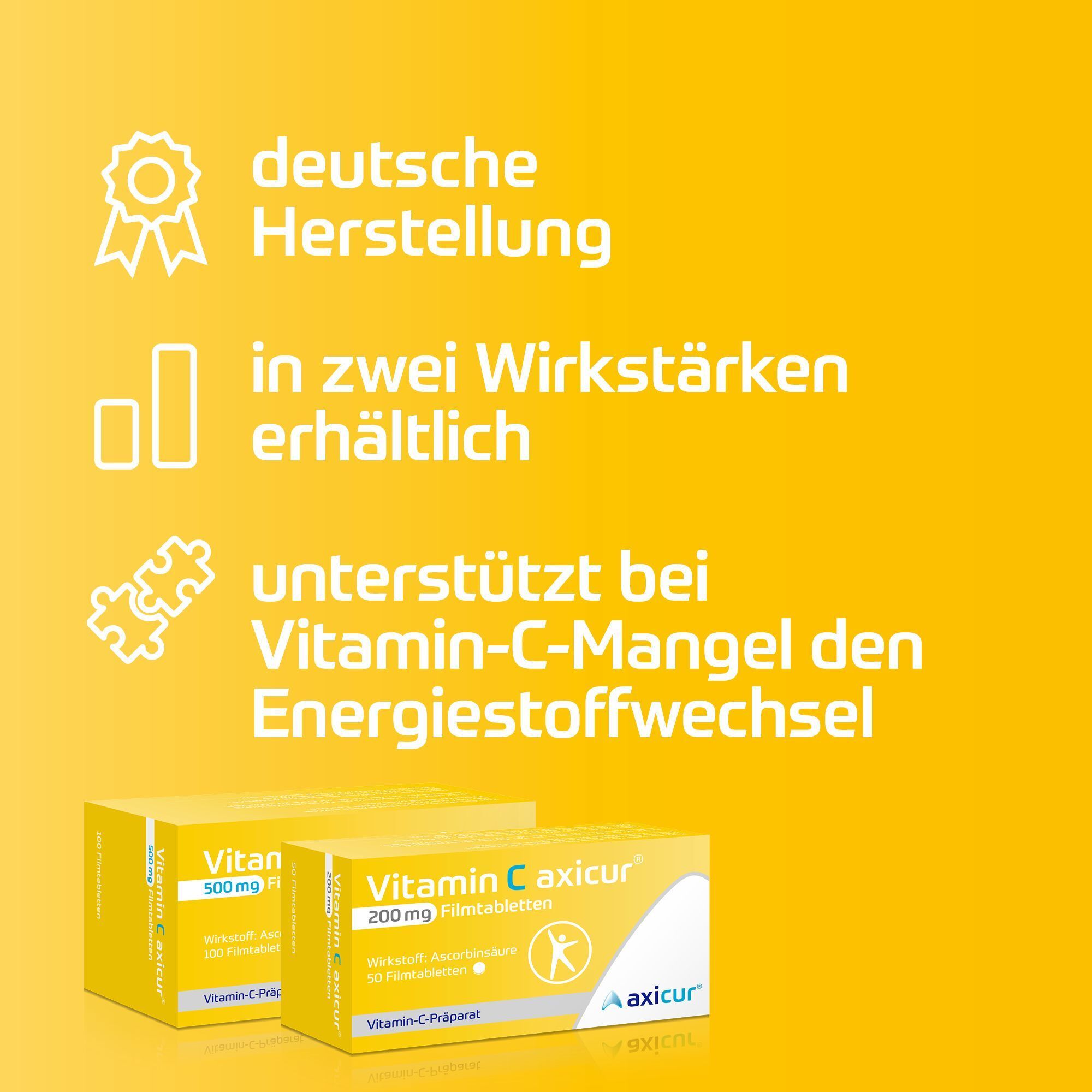 Packungen Vitamin C axicur® mit Text über deutsche Herstellung und Verfügbarkeit in zwei Stärken.