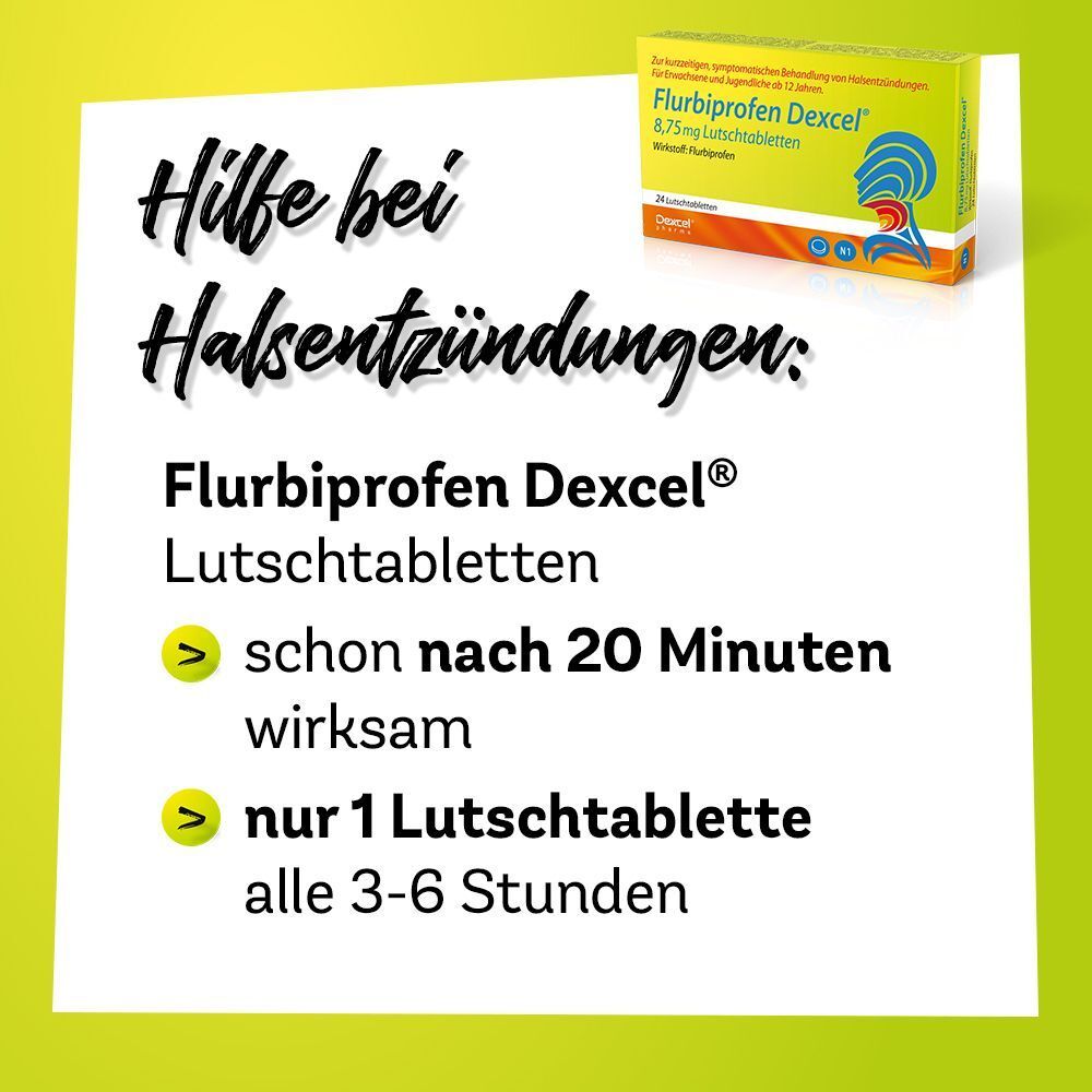 Flurbiprofen Dexcel® Lutschtabletten: Schon nach 20 Minuten wirksam, nur 1 Tablette alle 3-6 Stunden.