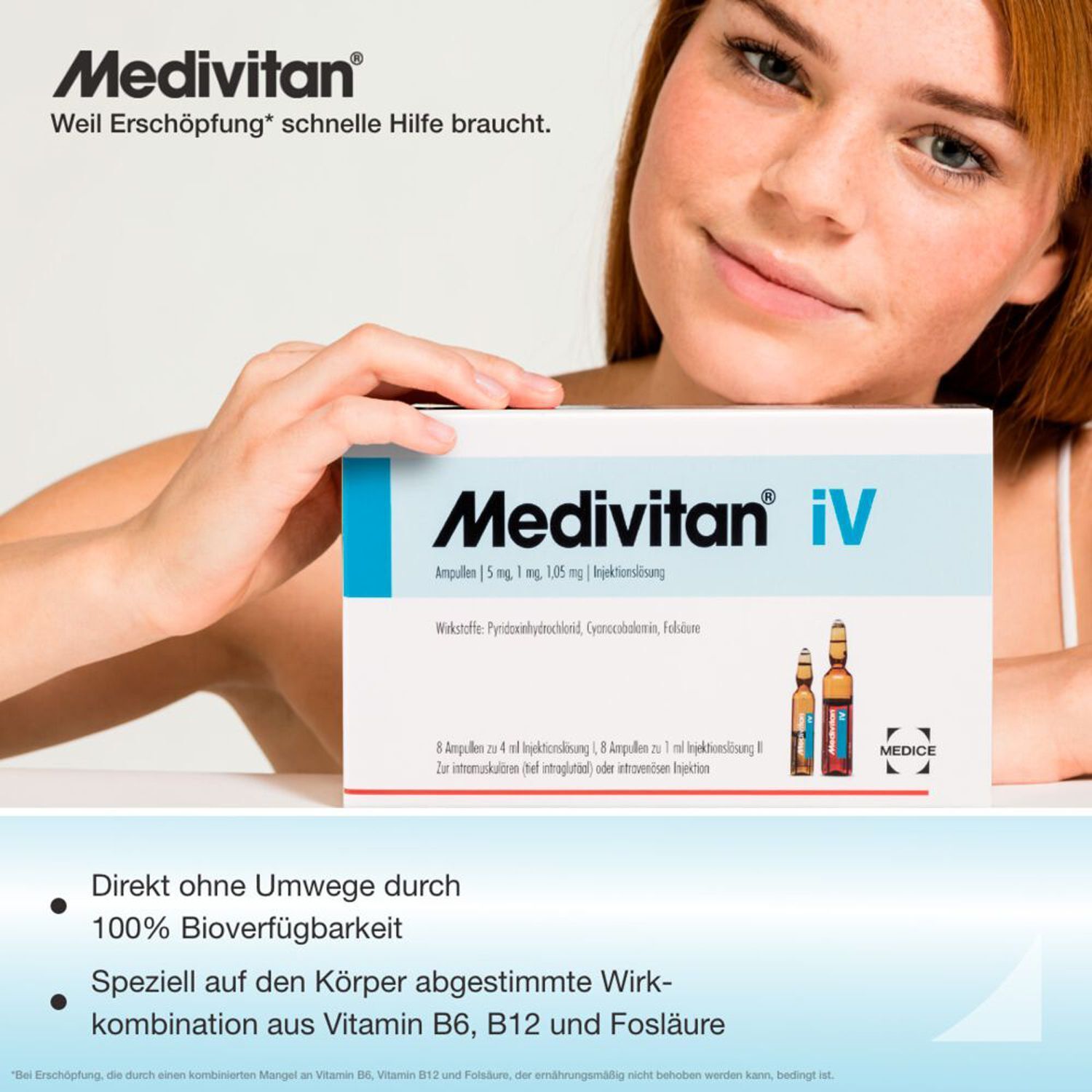 Frau hält eine Packung Medivitan iV. Text: 'Weil Erschöpfung schnelle Hilfe braucht.'