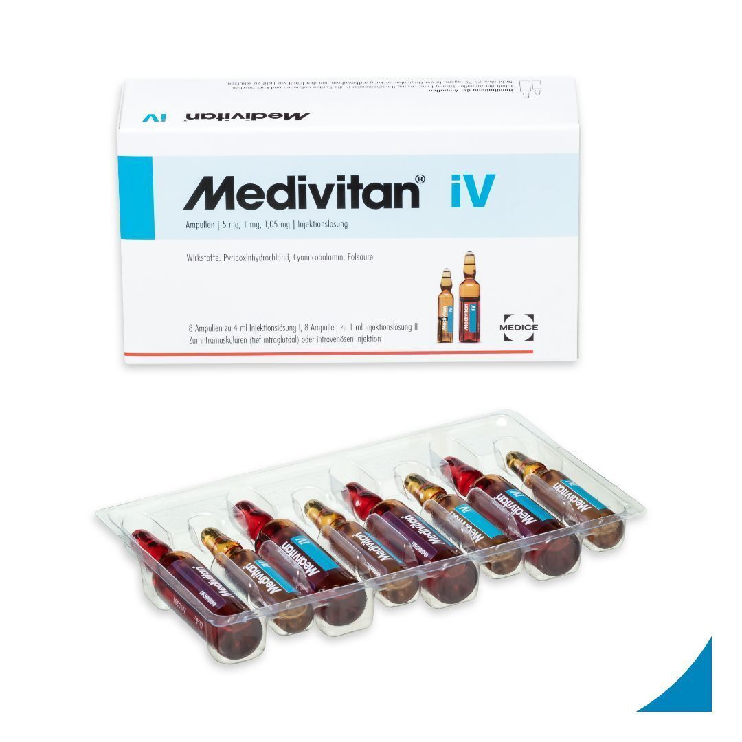 Packung Medivitan iV mit 8 Ampullen in Blisterverpackung. Ansicht von oben.