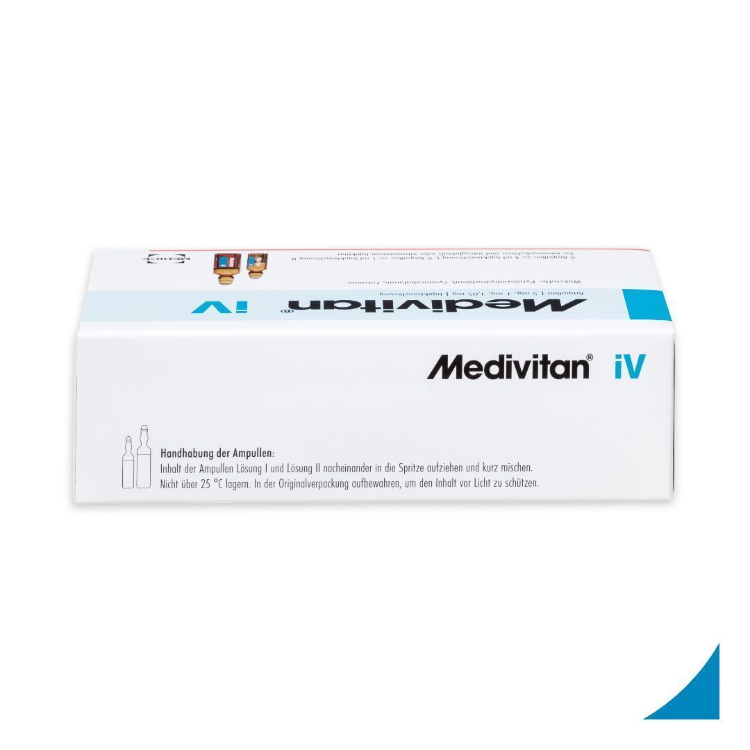 Rückseite einer Medivitan iV Packung mit Anwendungshinweisen und Abbildungen von Ampullen.