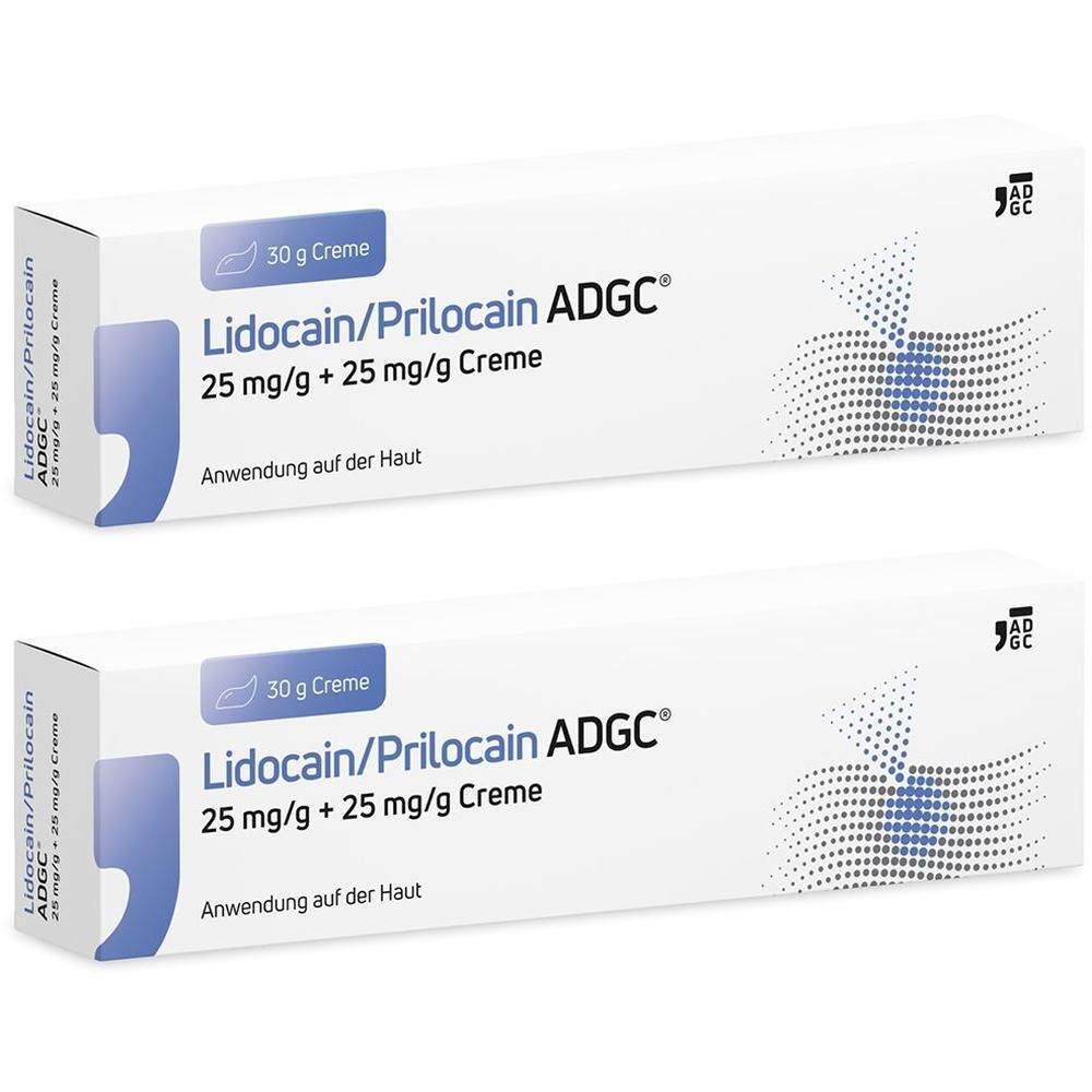 Zwei Packungen Lidocain/Prilocain ADGC Creme 30 g, 25 mg/g + 25 mg/g.