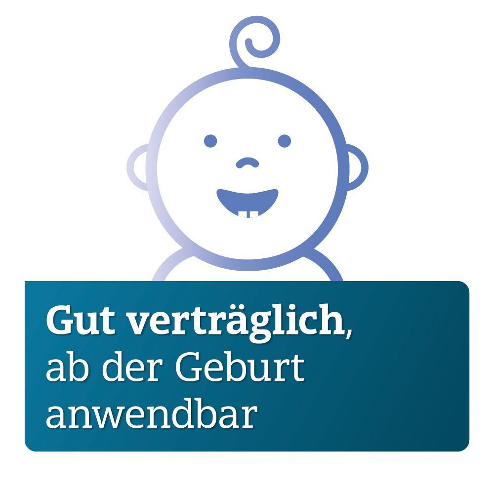 Symbol eines Babys mit Text: Gut verträglich, ab der Geburt anwendbar.