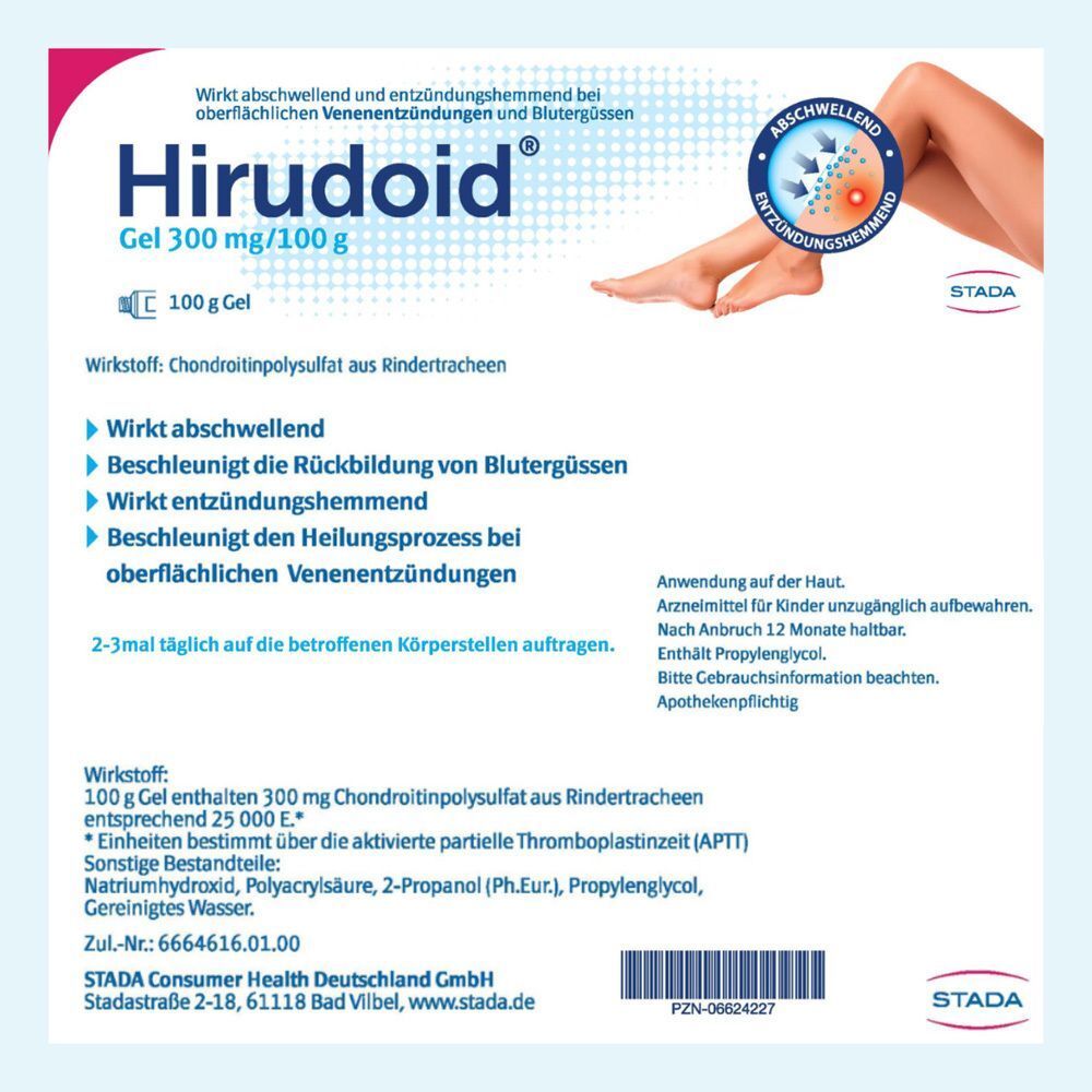 Packung Hirudoid Gel mit Abbildung von Beinen und Anwendungshinweisen.