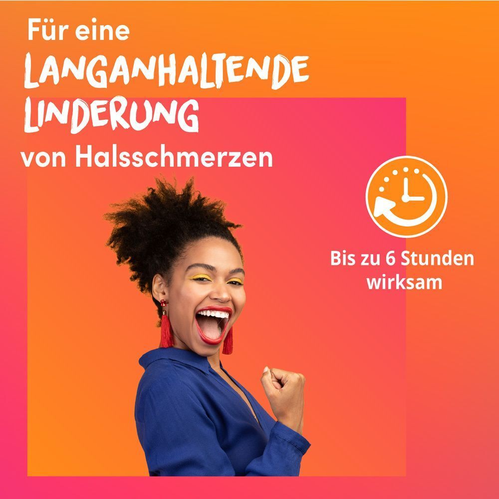Frau jubelt, Lemocin® Flurbiprofen bietet bis zu 6 Stunden Linderung bei Halsschmerzen.
