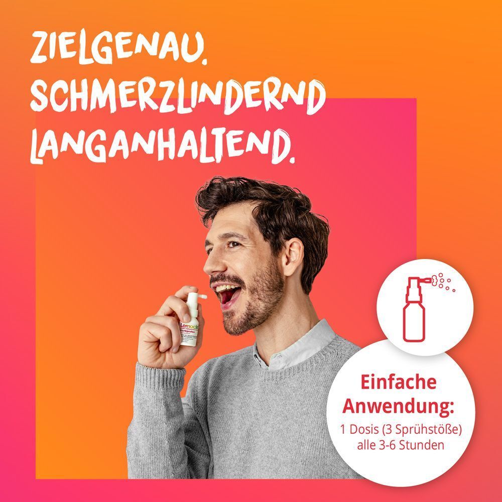 Mann wendet Lemocin® Flurbiprofen Halsspray an, einfache Anwendung.