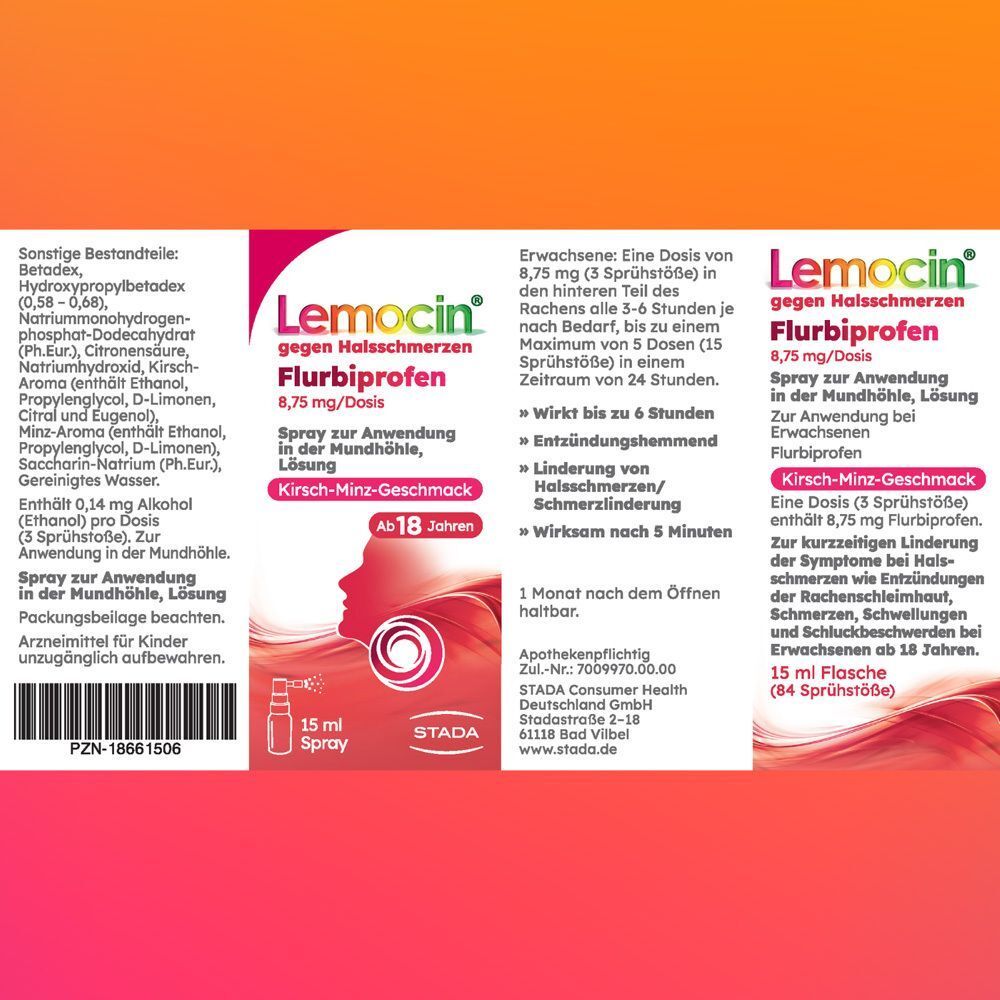 Etikett von Lemocin® Flurbiprofen Halsspray mit Anwendungshinweisen und Inhaltsstoffen.