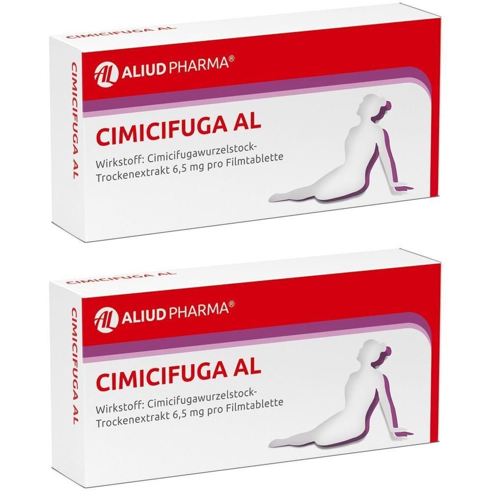 Zwei Packungen Cimicifuga AL mit rotem Design und stilisierter Frauengestalt.