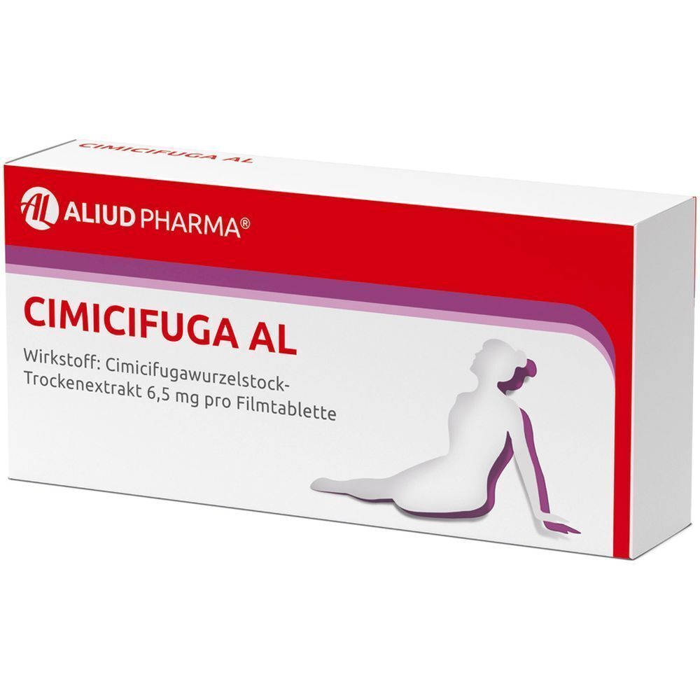 Packung Cimicifuga AL mit rotem Design, stilisierter Frauengestalt und Produktinformationen.