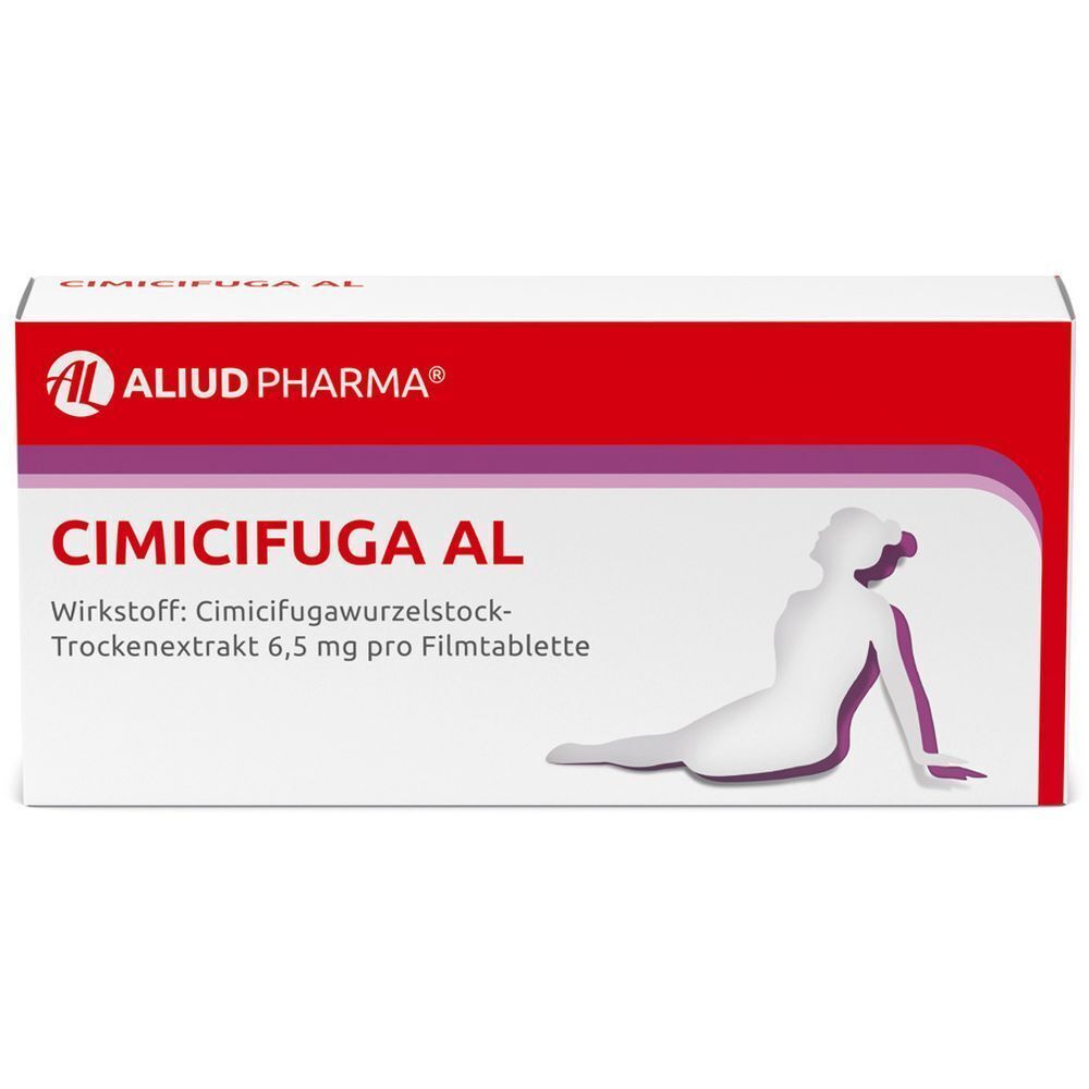 Packung Cimicifuga AL mit rotem Design, stilisierter Frauengestalt und Produktinformationen.
