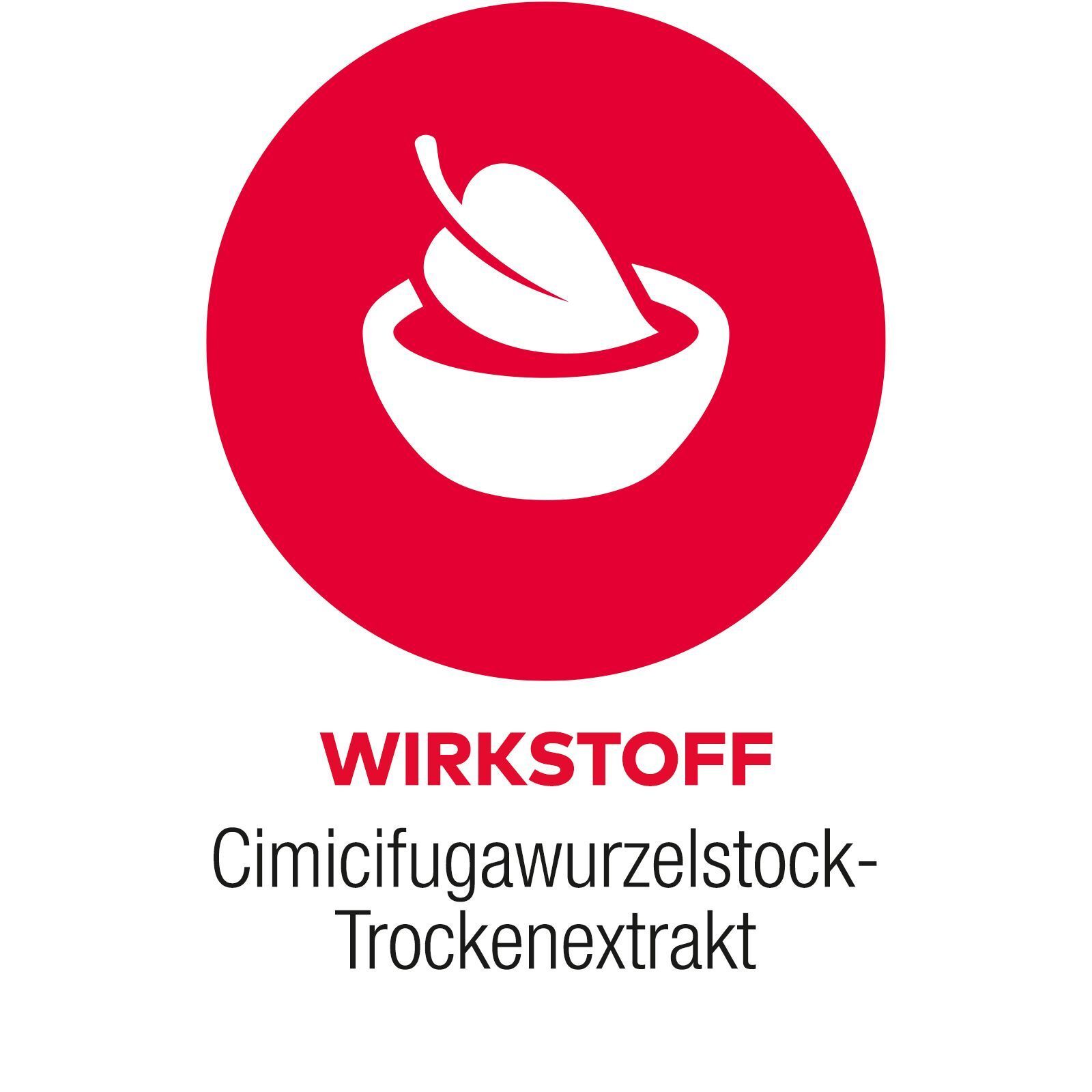 Rotes Symbol mit Mörser und Blatt. Text: Wirkstoff Cimicifugawurzelstock-Trockenextrakt.