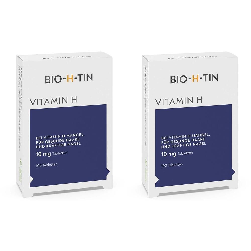 Zwei Packungen BIO-H-TIN Vitamin H 10 mg Tabletten, 100 Tabletten pro Packung.