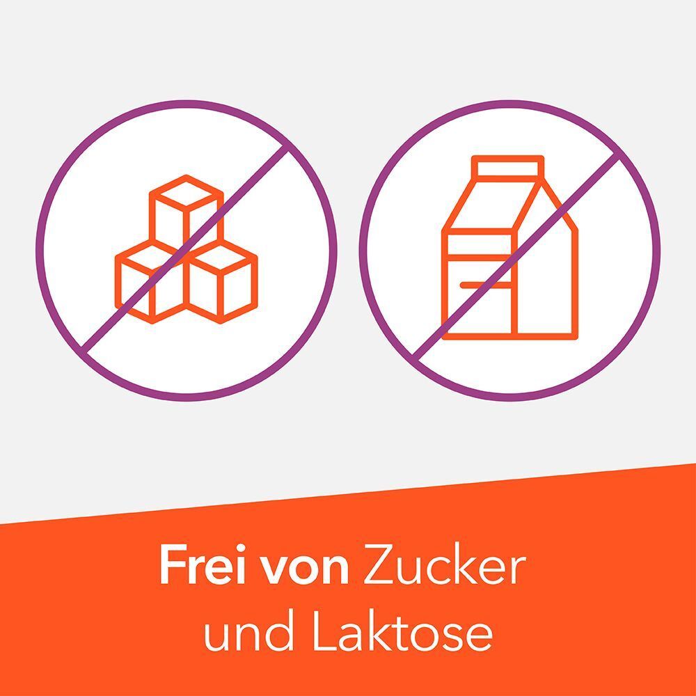 Symbole: Durchgestrichene Zuckerwürfel und Milchpackung. Frei von Zucker und Laktose.
