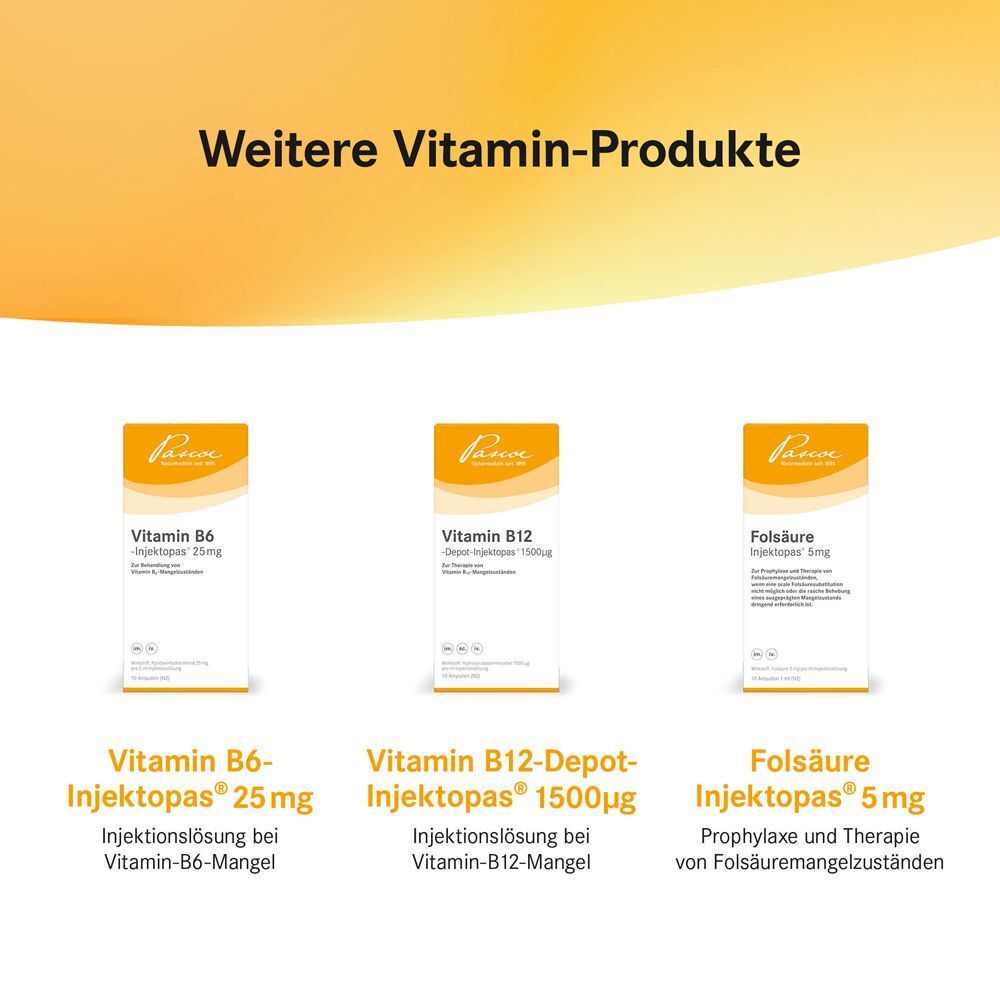 Drei Packungen Pascorbin®: Vitamin B6, Vitamin B12 und Folsäure Injektionslösungen.