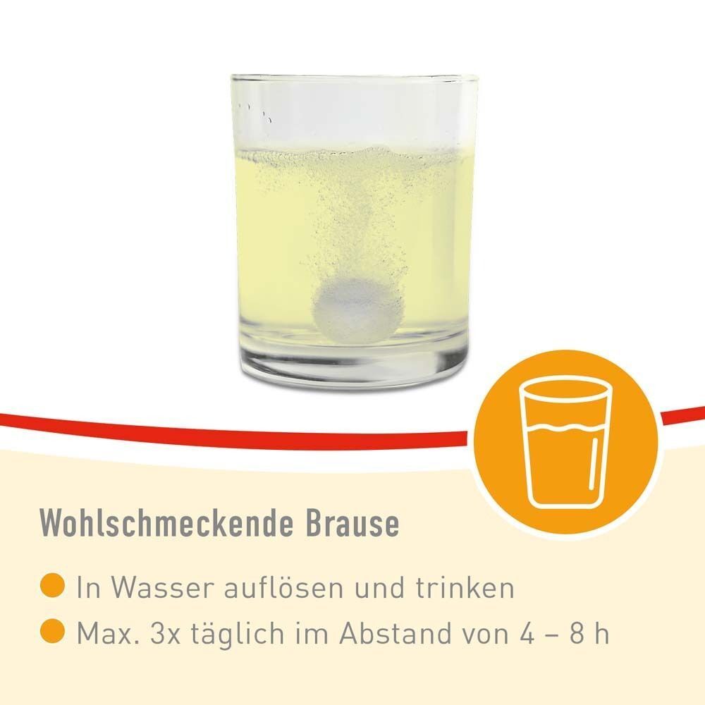 Glas mit Togal Brausetablette in Wasser. Symbol für wohlschmeckende Brause.