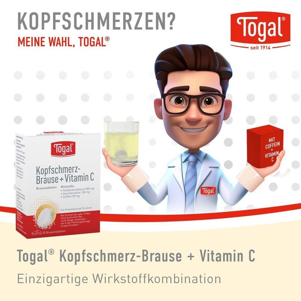 Togal Kopfschmerz-Brause + Vitamin C Packung, Arztfigur, Glas mit Brausetablette.