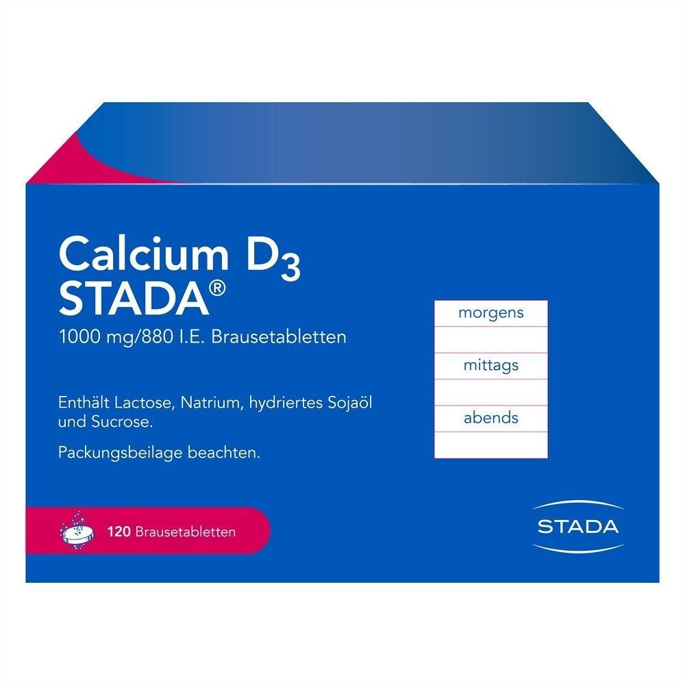 Packung Calcium D3 STADA 1000 mg/880 I.E. Brausetabletten, 120 Stück.