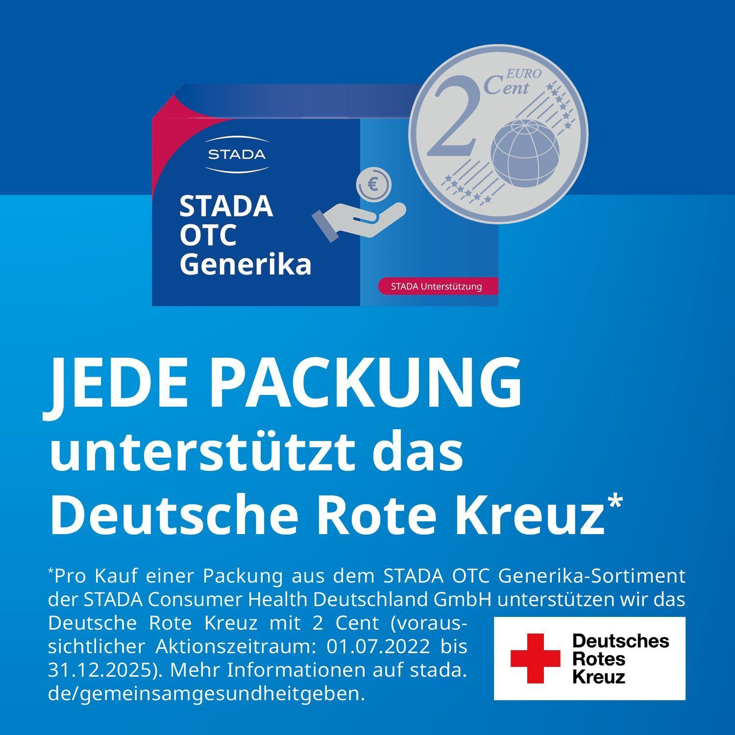 Packung Calcium D3 STADA mit Hinweis auf Unterstützung des Deutschen Roten Kreuzes.