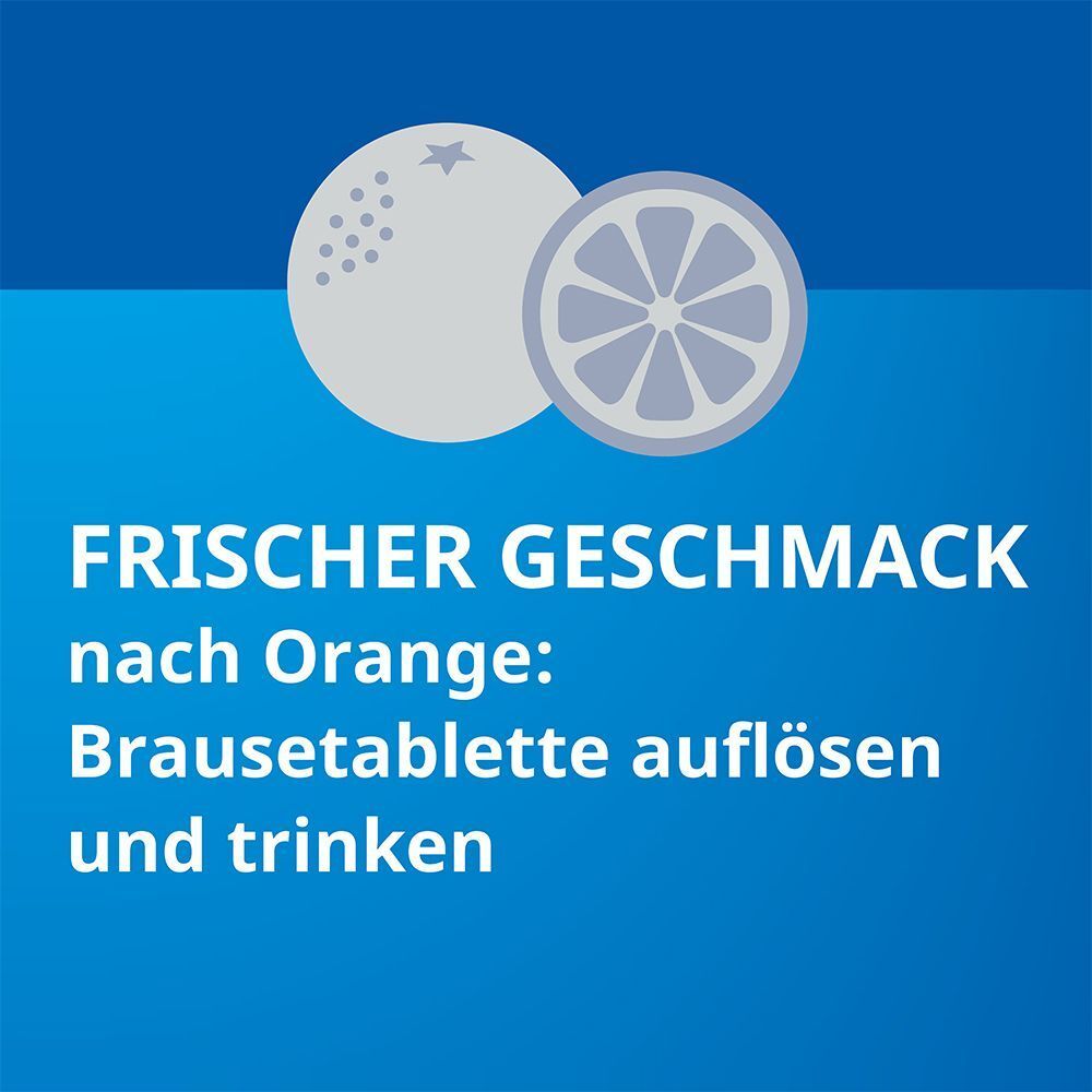 Grafik mit Orange und Text "Frischer Geschmack nach Orange".