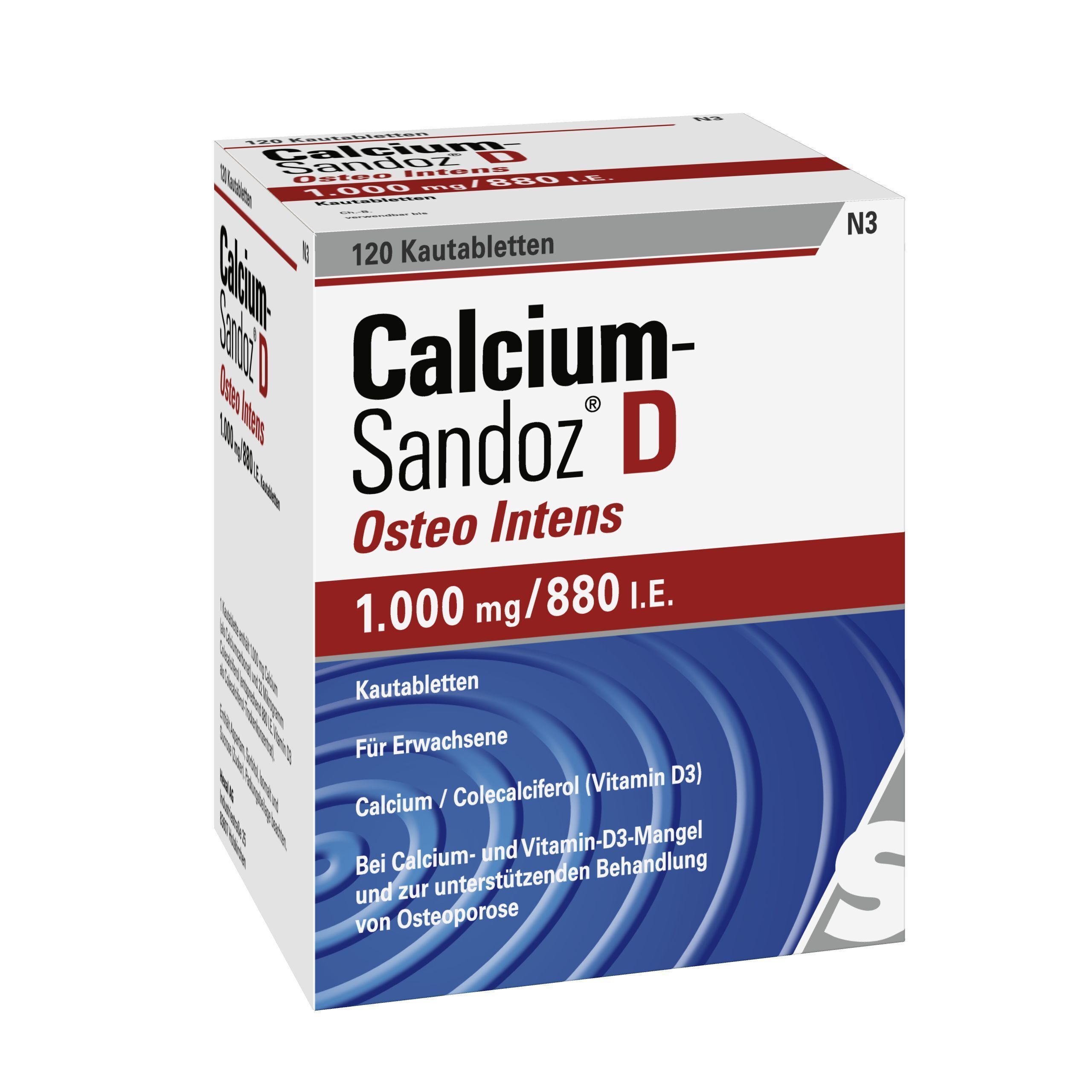 Eine Packung Calcium-Sandoz D Osteo Intens Kautabletten, 1000 mg / 880 I.E.