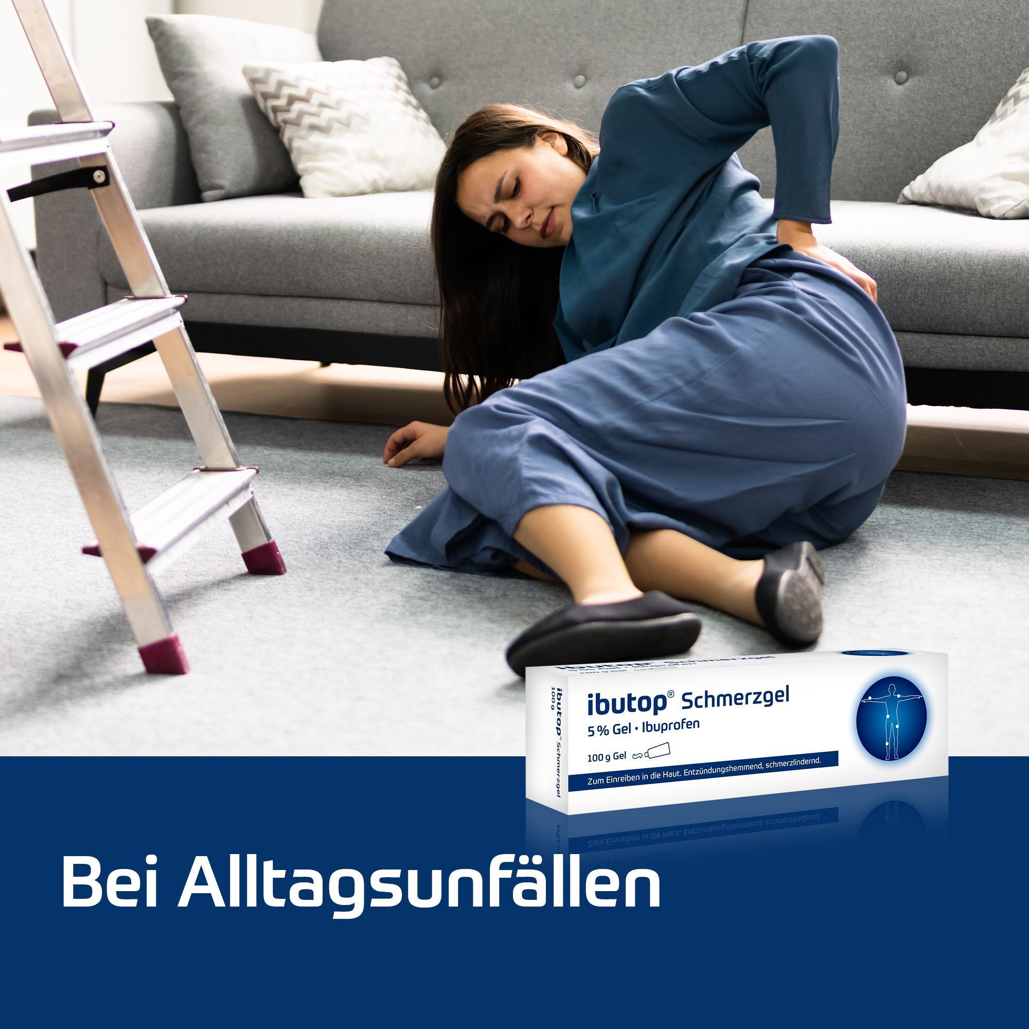 Packung ibutop® Schmerzgel neben einer Frau mit Rückenschmerzen nach einem Sturz.