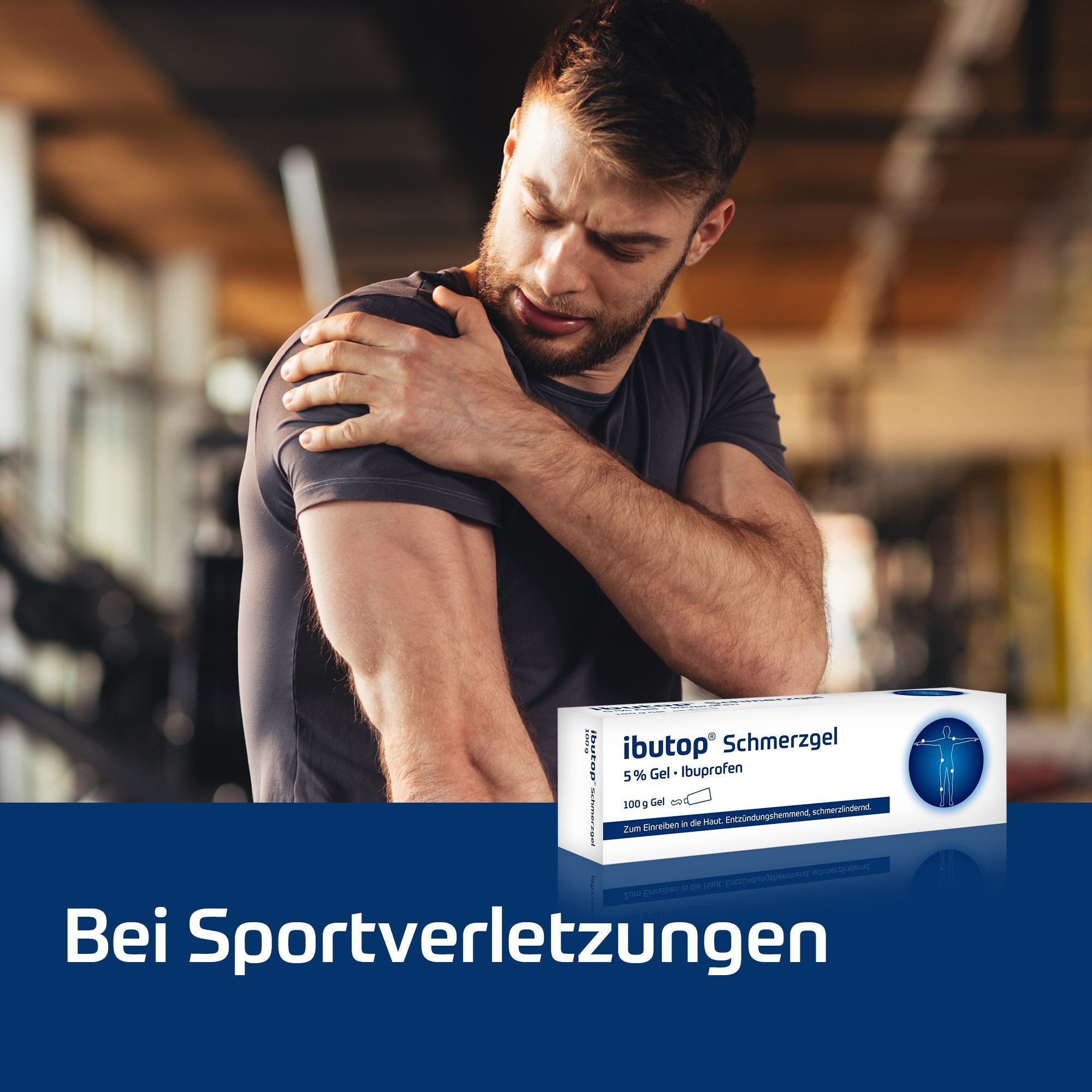 Packung ibutop® Schmerzgel neben einem Mann mit Schulterschmerzen im Fitnessstudio.