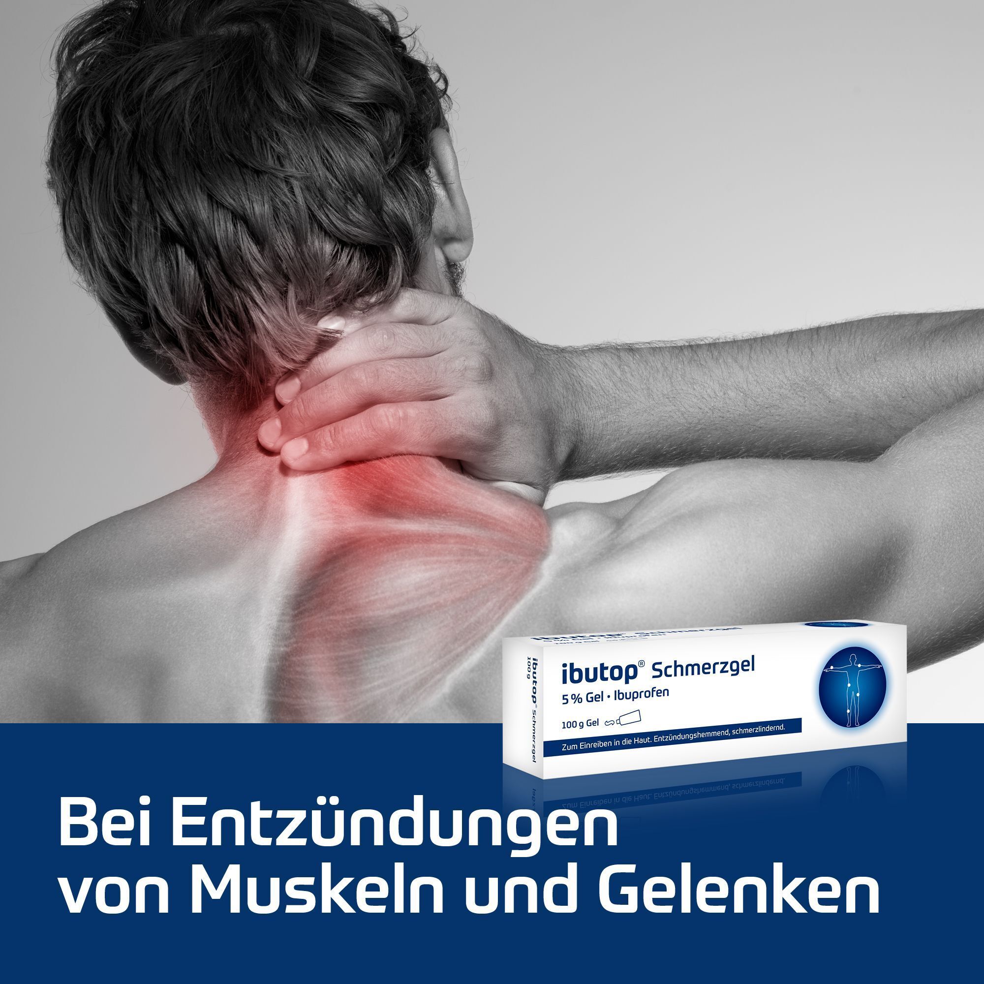 Packung ibutop® Schmerzgel neben einem Mann mit Nackenschmerzen.