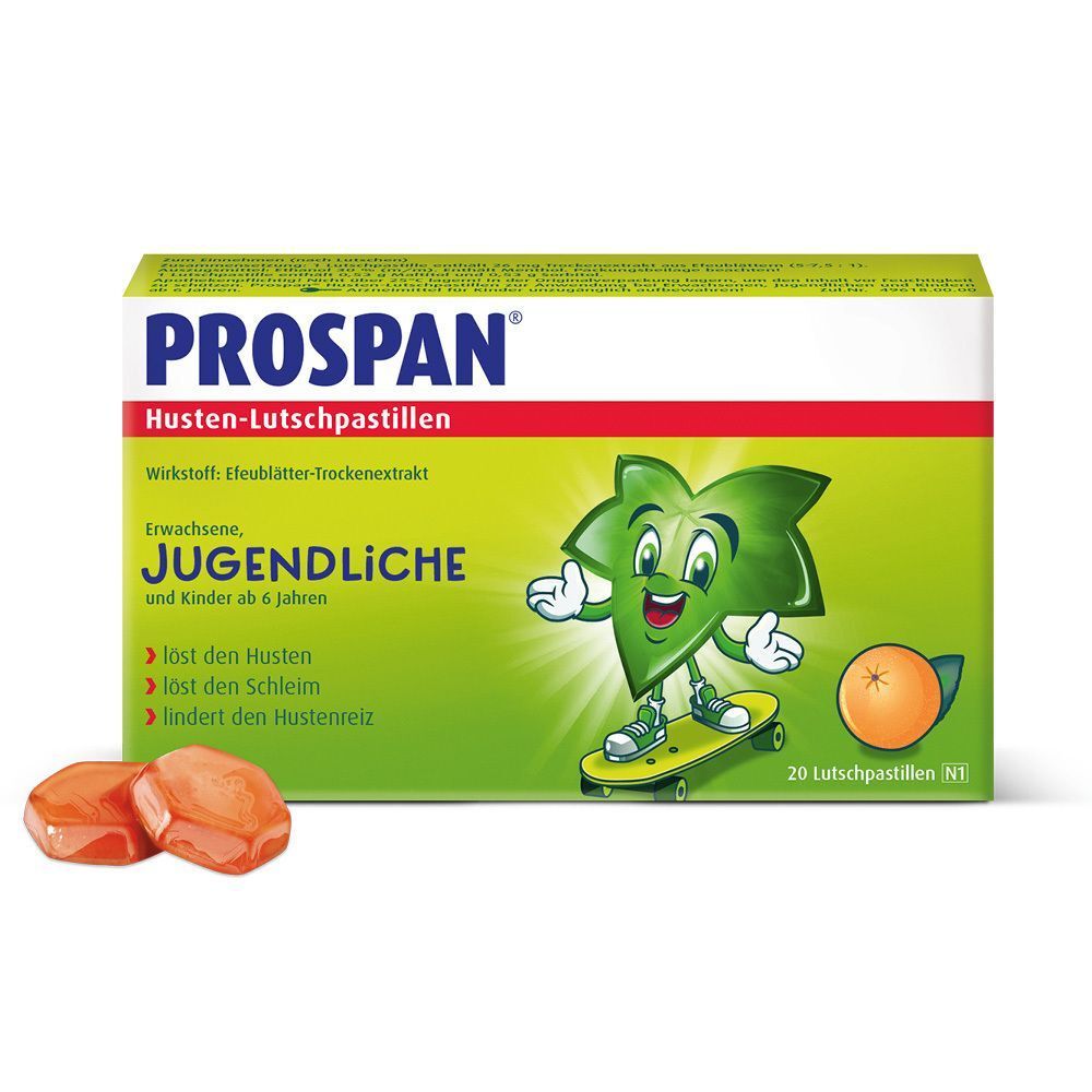 Eine Packung Prospan Husten-Lutschpastillen und zwei Lutschpastillen. Mit Efeu-Blätter-Extrakt. 20 Lutschpastillen.