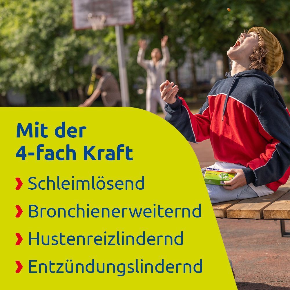 Junge mit Rucksack auf Skateboard. Gelber Text: Mit 4-fach Kraft, schleimlösend, bronchienerweiternd.