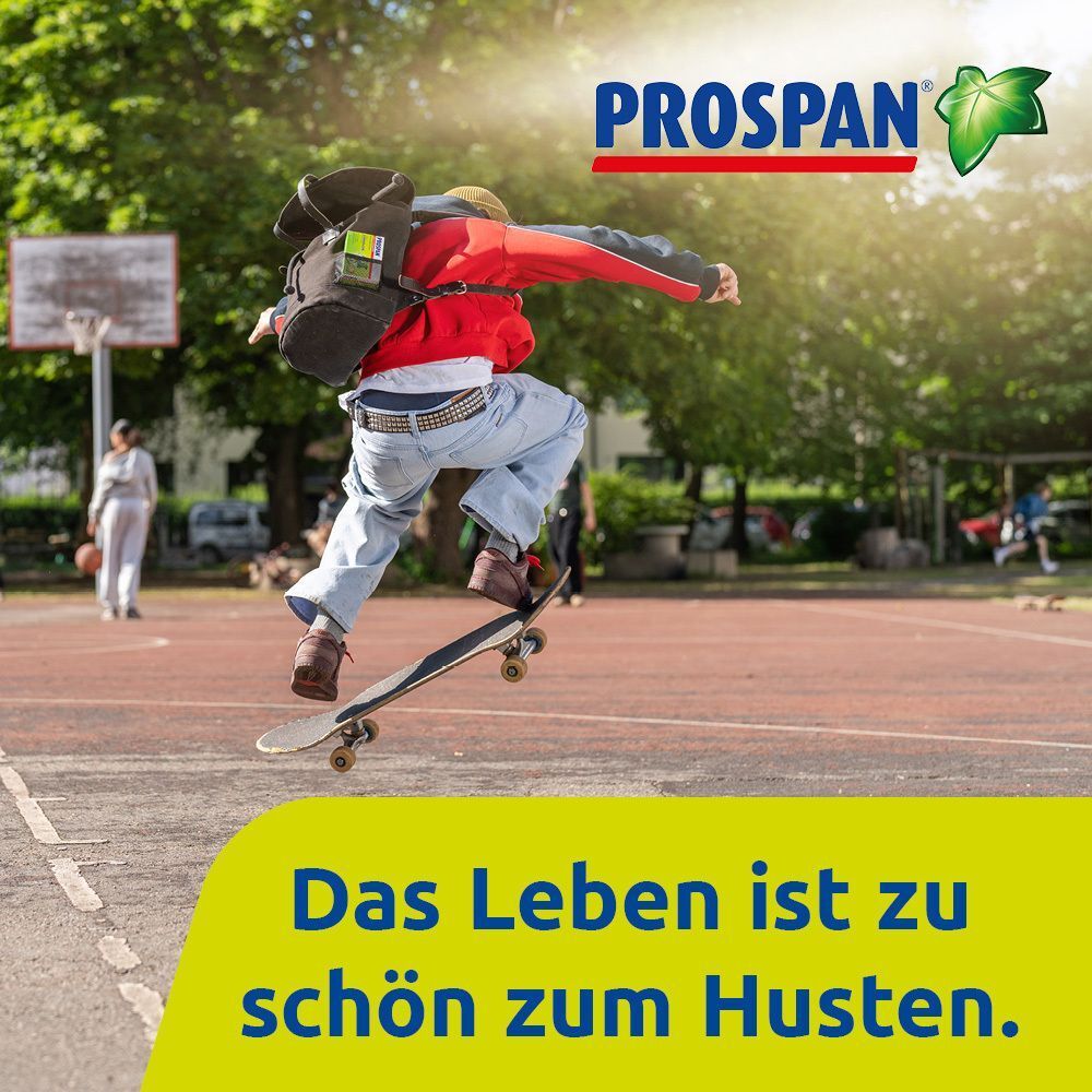 Junge auf Skateboard springt. Prospan Logo oben rechts. Gelber Text: Das Leben ist zu schön zum Husten.