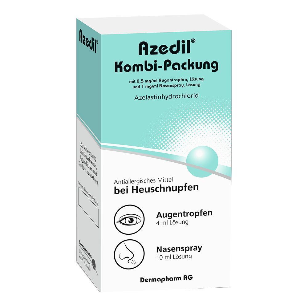 Verpackung Azedil Kombi-Packung mit Augentropfen und Nasenspray gegen Heuschnupfen.