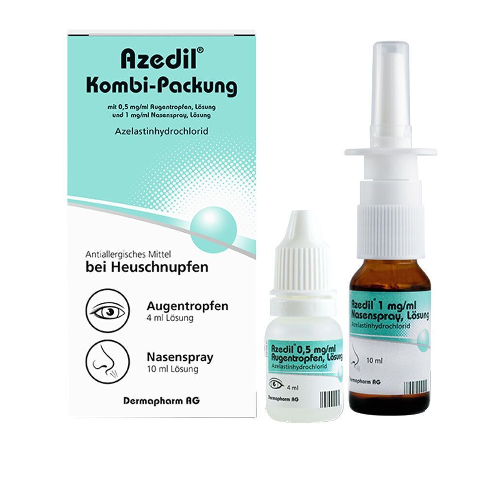 Azedil Kombi-Packung mit separaten Flaschen für Augentropfen (4ml) und Nasenspray (10ml).