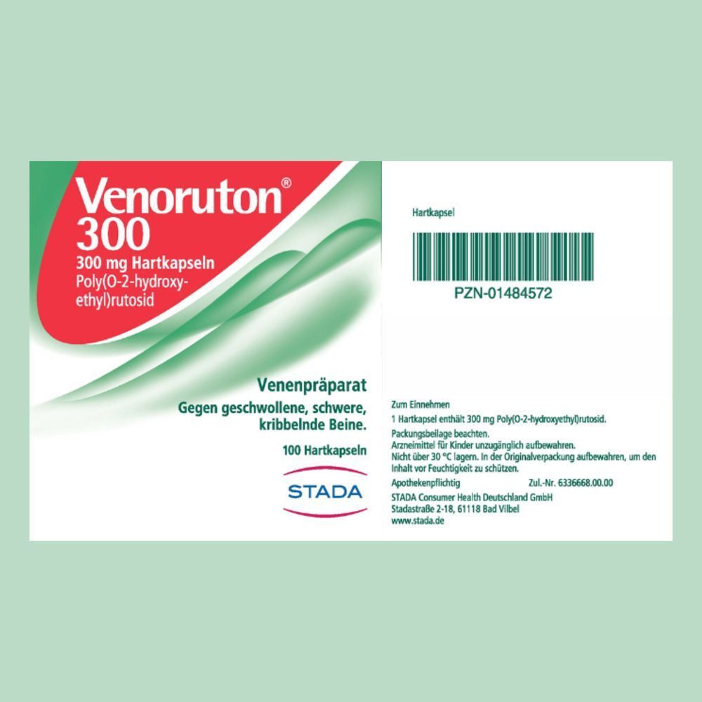 Packung Venoruton 300 mg Hartkapseln mit Strichcode und Anwendungsinformationen.