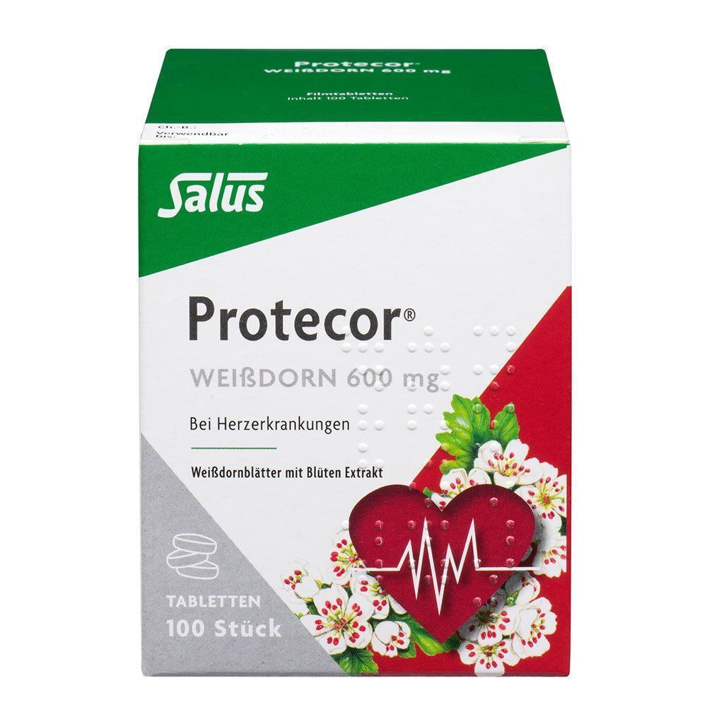 Vorderseite einer Packung Salus Protecor Weißdorn 600 mg Tabletten mit Herz- und Blütenmotiv.