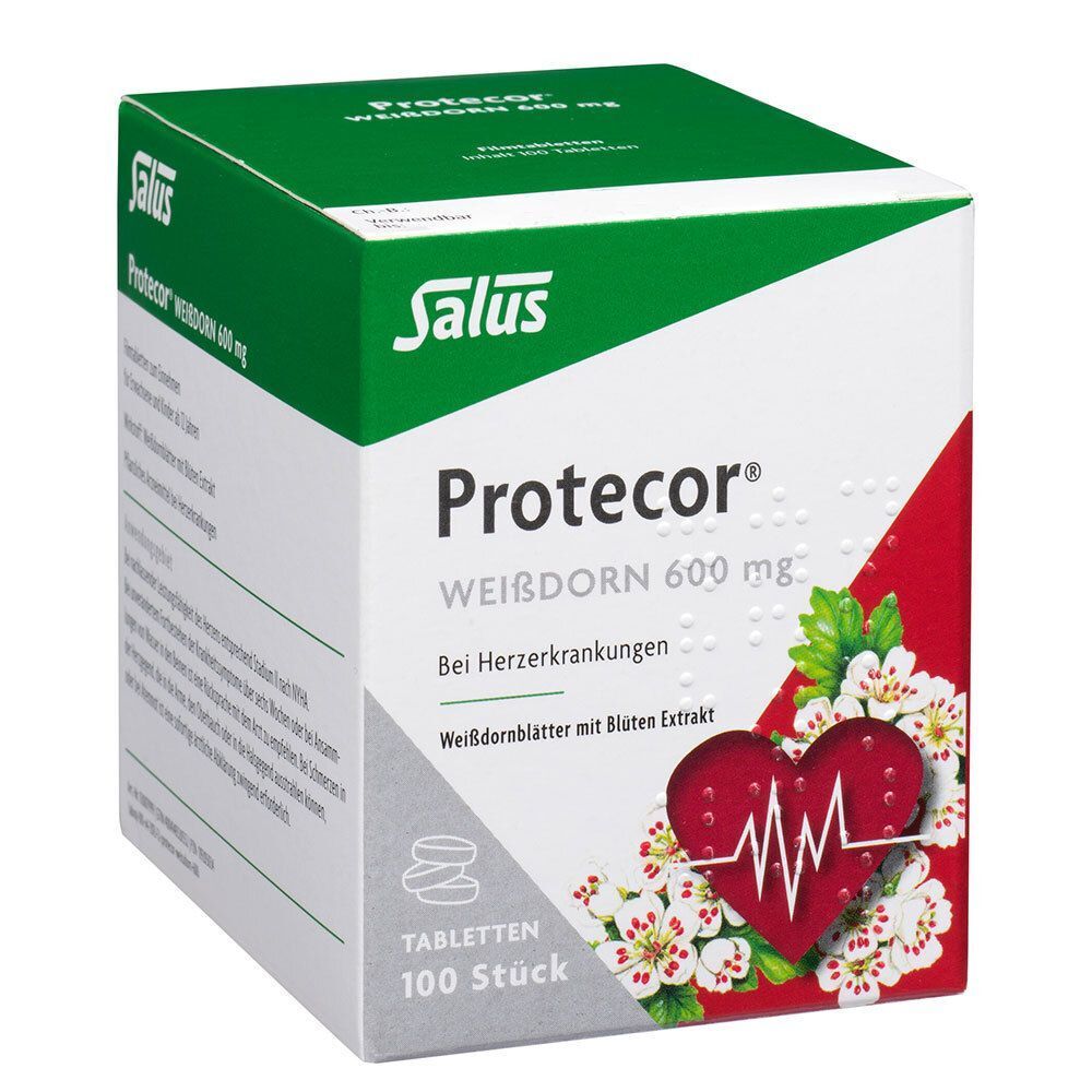 Seitenansicht einer Packung Salus Protecor Weißdorn 600 mg Tabletten.
