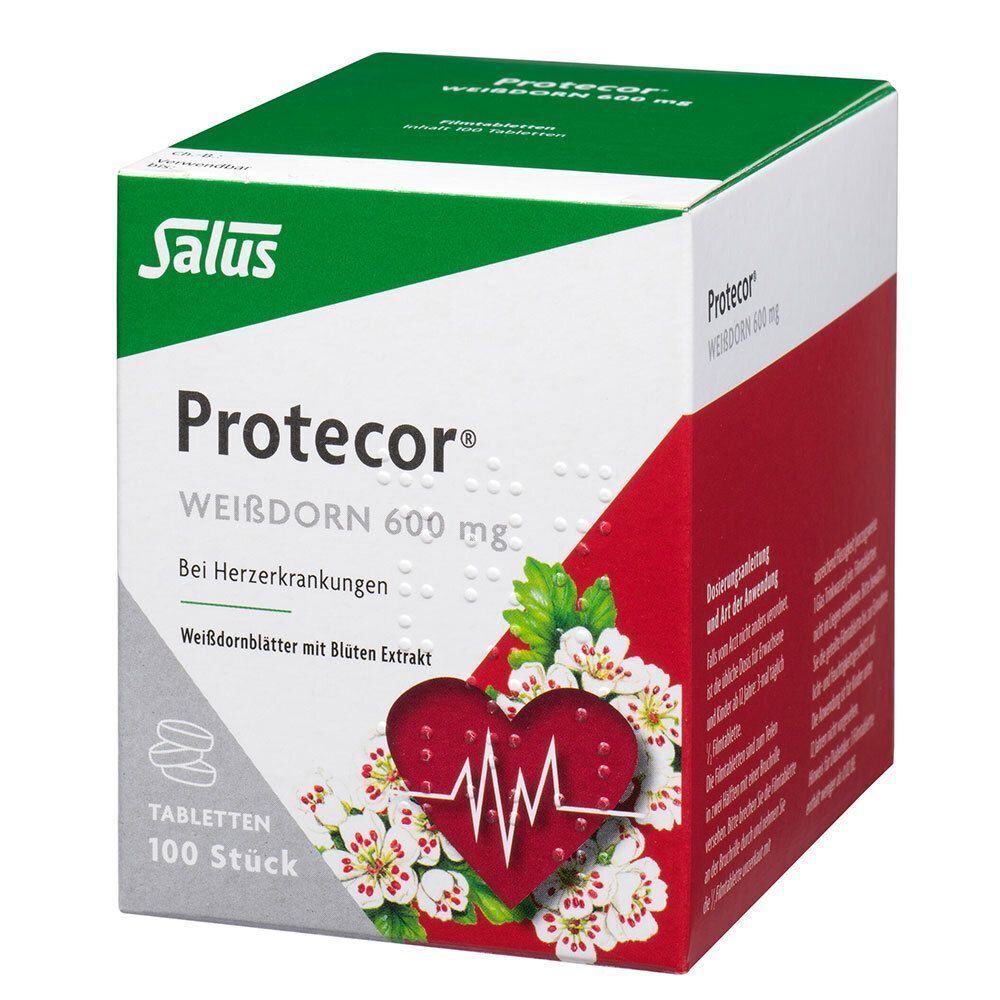 Schrägansicht einer Packung Salus Protecor Weißdorn 600 mg Tabletten.