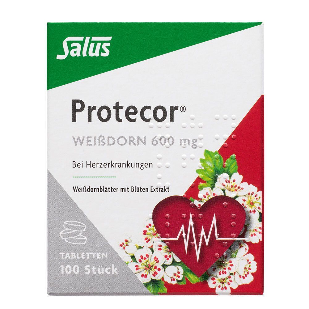 Vorderseite einer Packung Salus Protecor Weißdorn 600 mg Tabletten, Nahaufnahme.