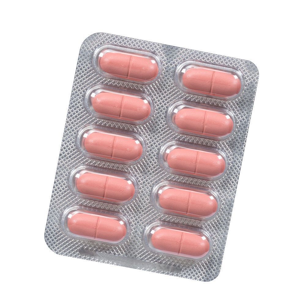 Blisterpackung mit zehn rosafarbenen Tabletten.