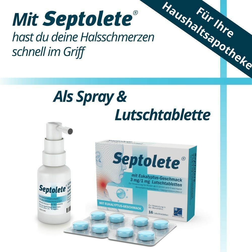 Septolete® Sprayflasche und Verpackung von Lutschtabletten mit Minzgeschmack.