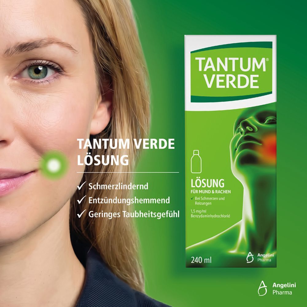 Frauengesicht neben Tantum Verde Lösung, 240 ml. Listet schmerzlindernde Eigenschaften auf.