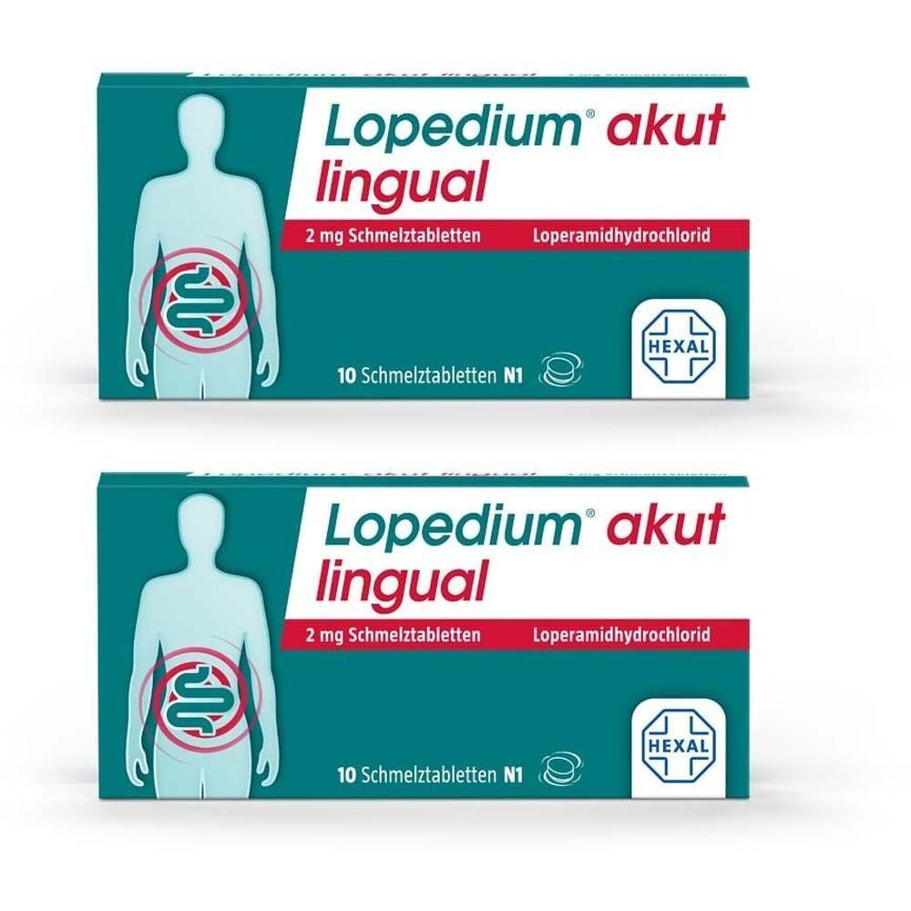 Zwei Packungen Lopedium akut lingual 2 mg Schmelztabletten mit Abbildung eines menschlichen Oberkörpers und Darmtraktes.