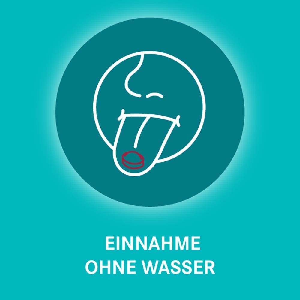 Symbol für die Einnahme ohne Wasser: Mund mit herausgestreckter Zunge und einer Schmelztablette.