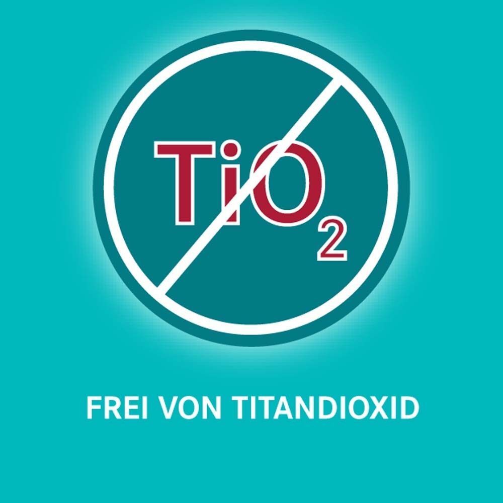 Symbol: "TiO2" durchgestrichen. "Frei von Titandioxid".