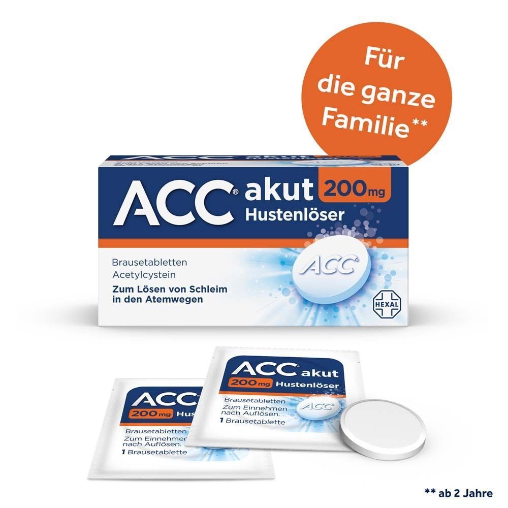 ACC akut 200mg Hustenlöser Packung mit zwei Einzelportionen und einer Brausetablette.