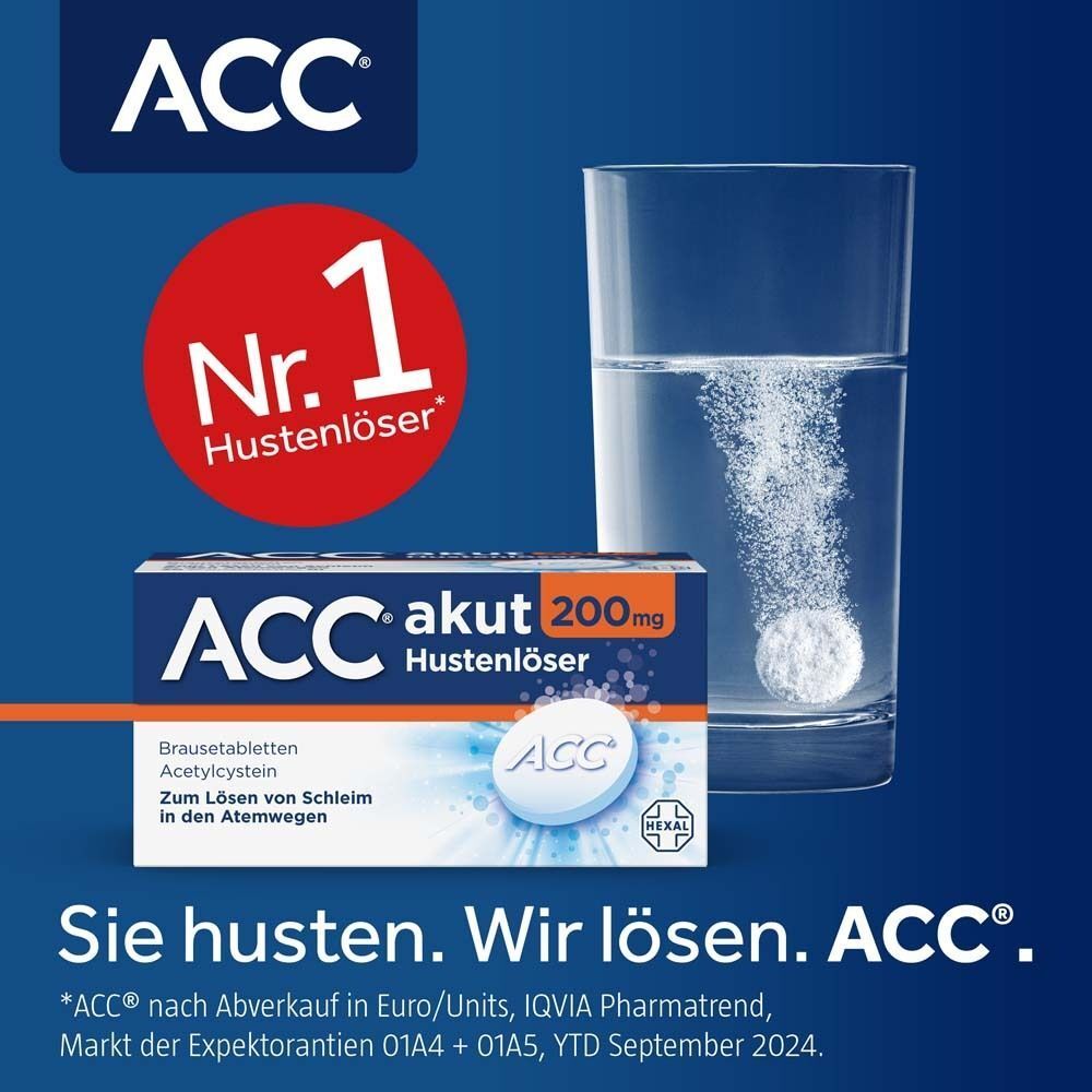 ACC akut 200mg Hustenlöser Brausetablette löst sich in einem Glas Wasser auf.