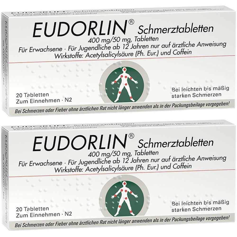 Zwei Packungen EUDORLIN® Schmerztabletten, 400 mg/50 mg, mit je 20 Tabletten. Zeigt eine menschliche Figur mit Schmerzpunkten.