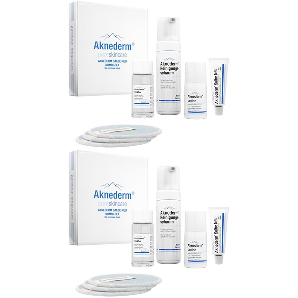 Zwei Aknederm® pureskincare Kombi-Sets mit je einer Box, Reinigungsschaum, Lotion, Salbe und Gesichtspads.