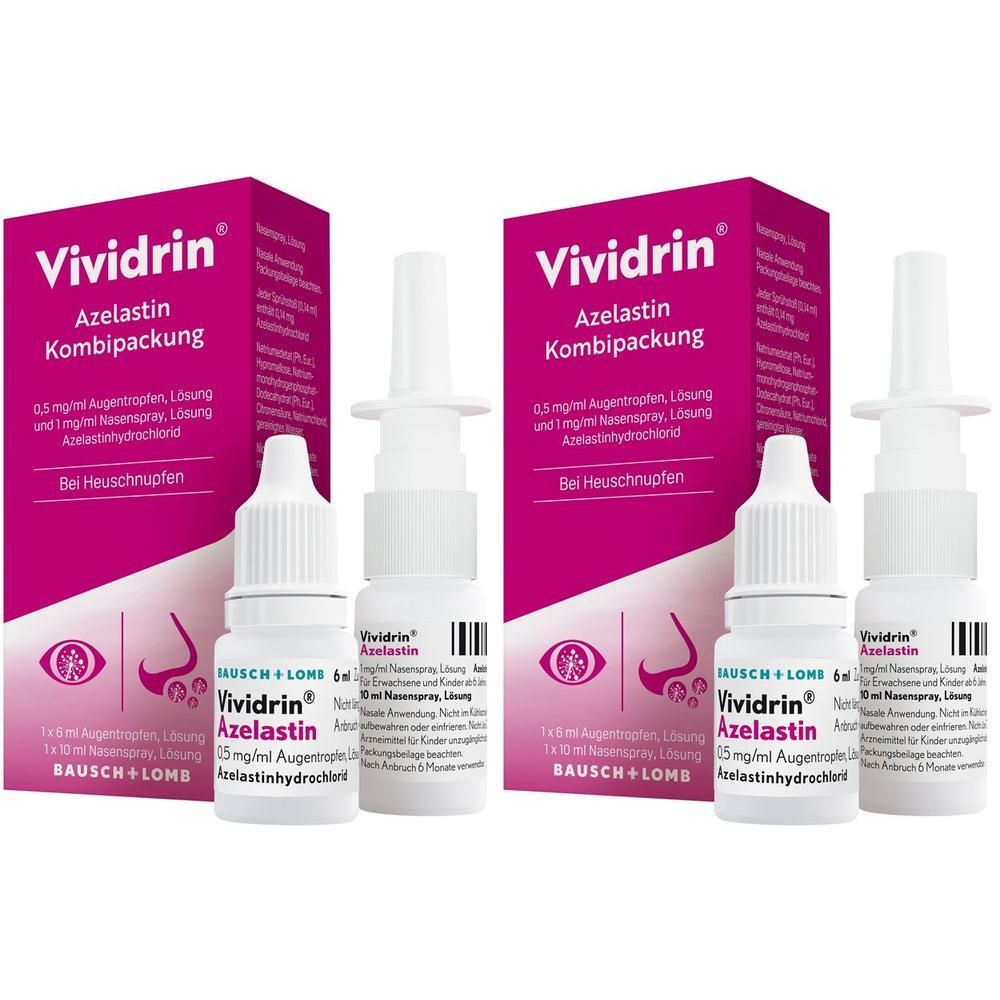 Zwei Packungen Vividrin Azelastin Kombipackung mit Augen- und Nasentropfen.